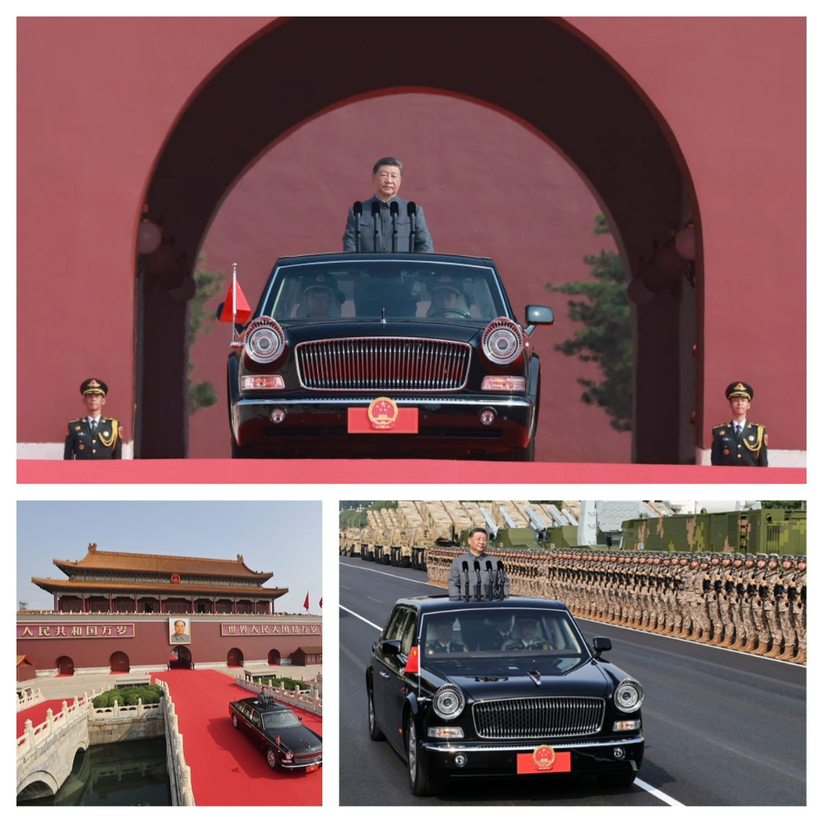 習(xí)主席身著中山裝，乘坐紅旗檢閱車緩緩駛出天安門城樓